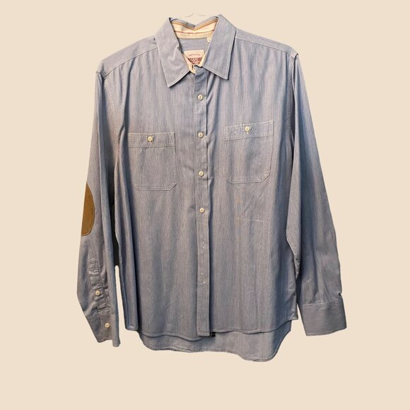 Mossimo Supply Co Mens Large Blue Chambray Button Down Shirt with Elbow Patches - Picture 2 of 4